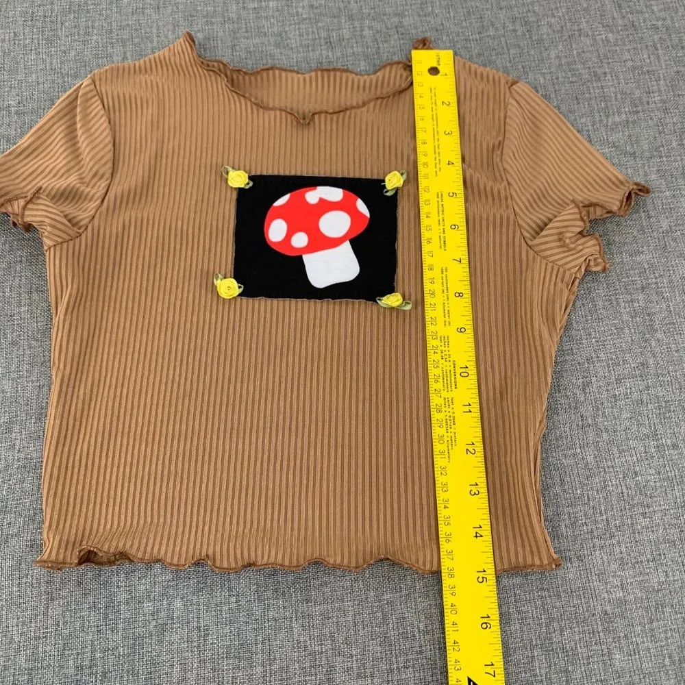 Brand New! Tan Color Cute‎ Mushroom Crop Top Medium Stretchy Yellow Roses